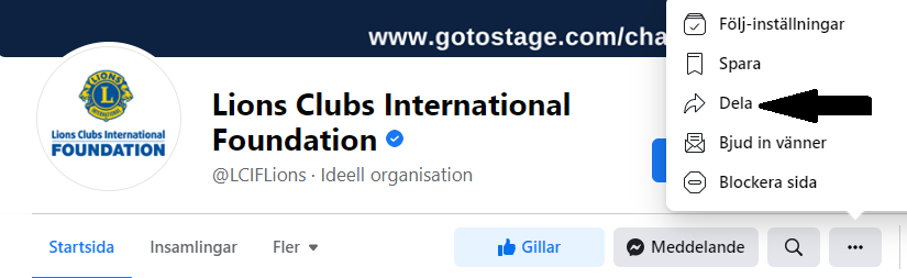 Bild som visar hur du delar sidan i ditt nyhetsflöde.