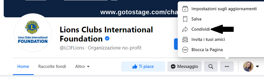 Immagine che mostra come condividere la pagina sul vostro muro delle notizie.